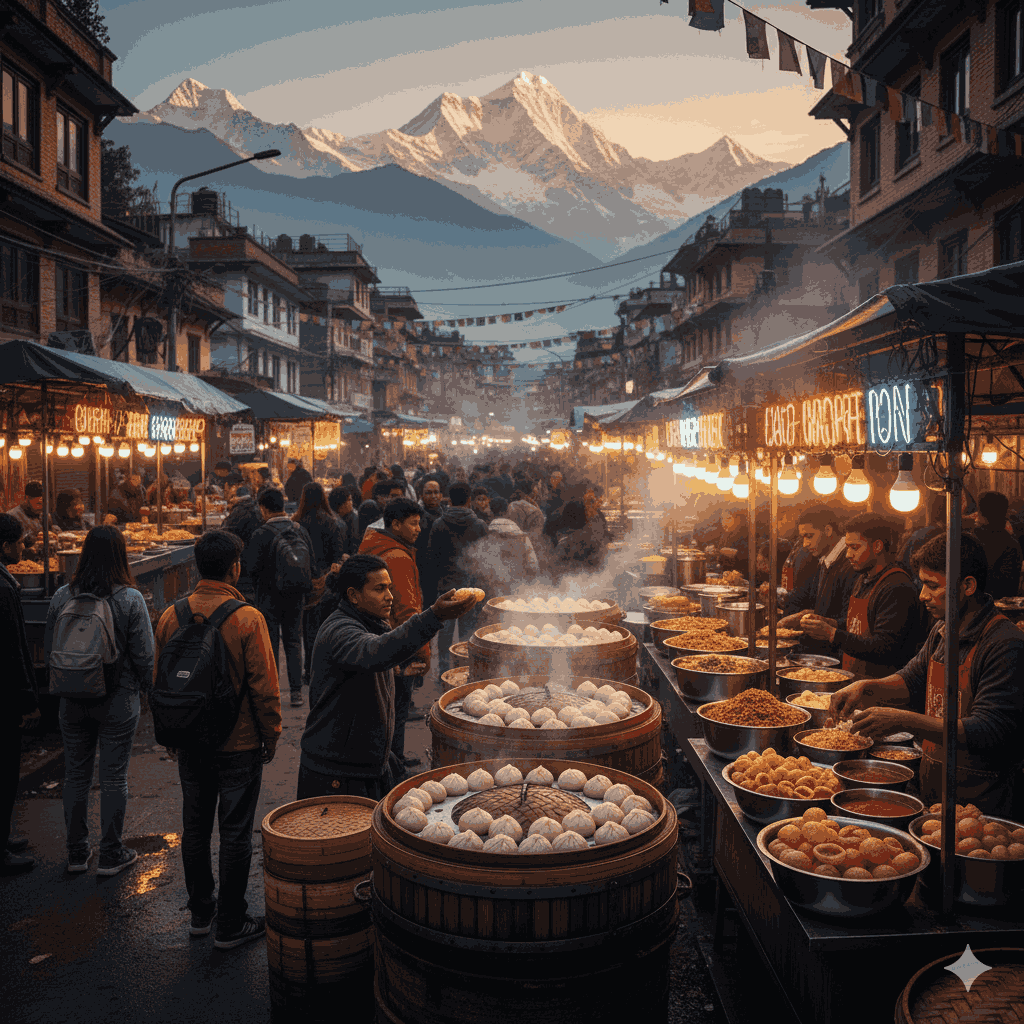 Nepali street food scene in 2026 with stalls and vibrant city life.