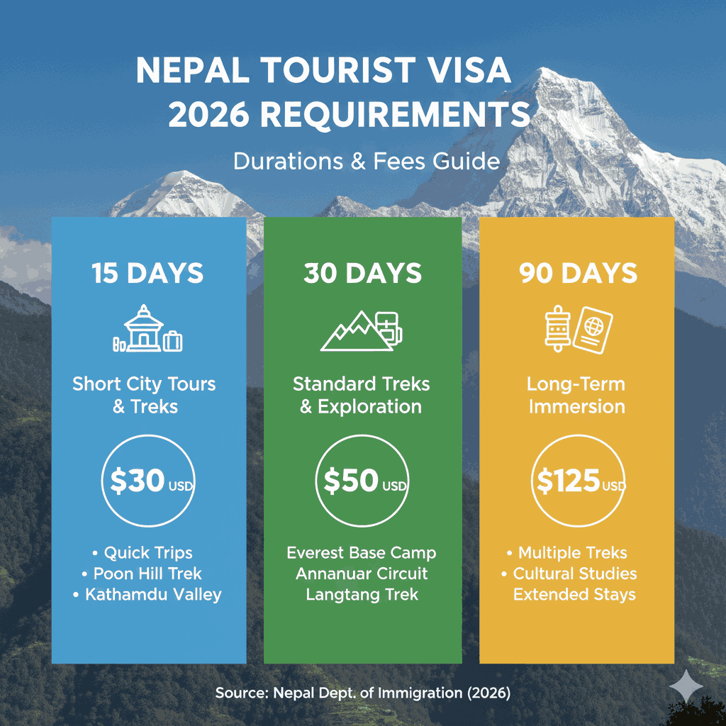 Nepal visa fee chart for 2026 with duration options and costs