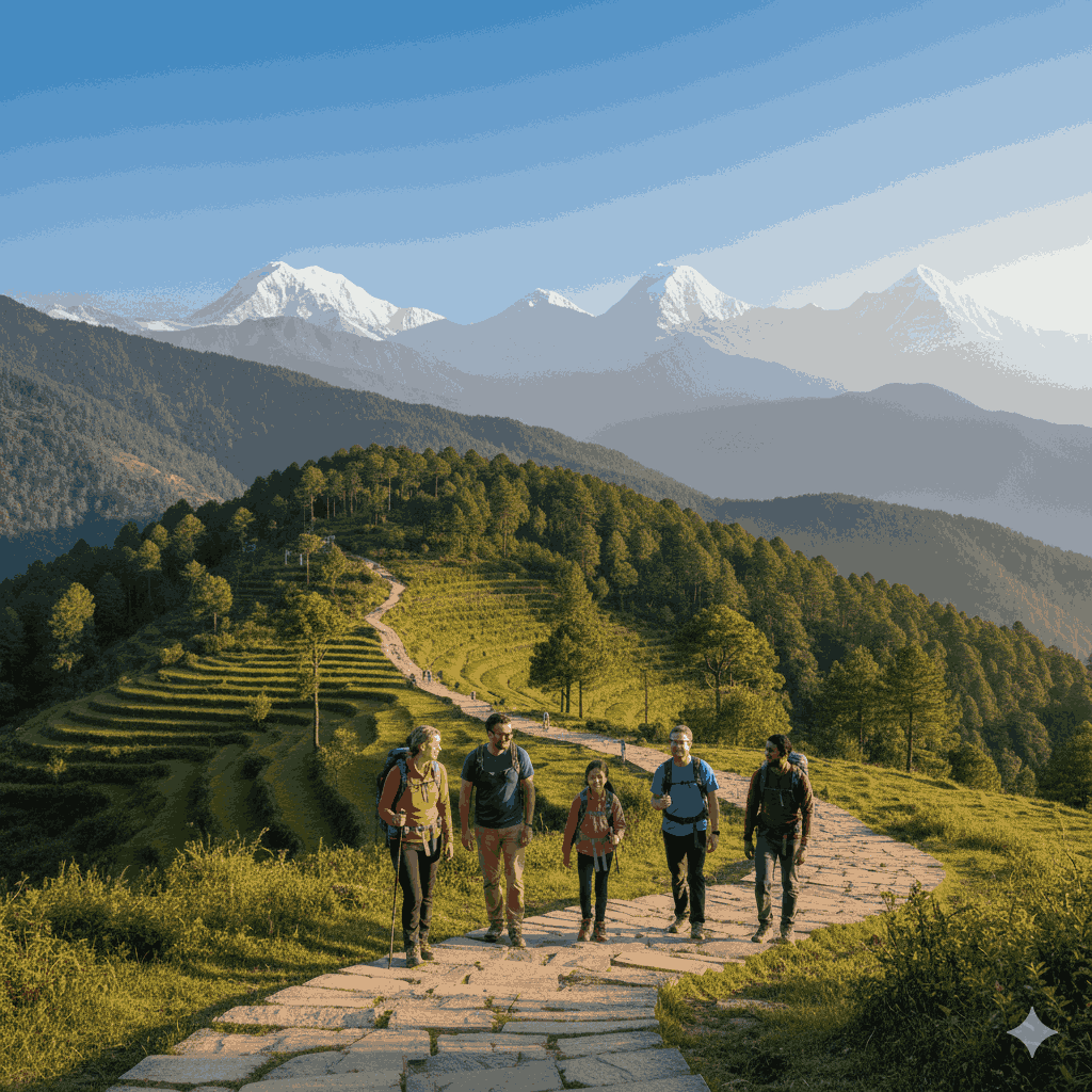 Easiest trek in Nepal with beginners hiking on a scenic Himalayan trail
