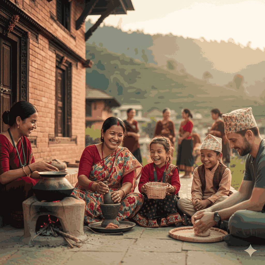 Family participating in community tourism Nepal with traditional cooking and cultural activities