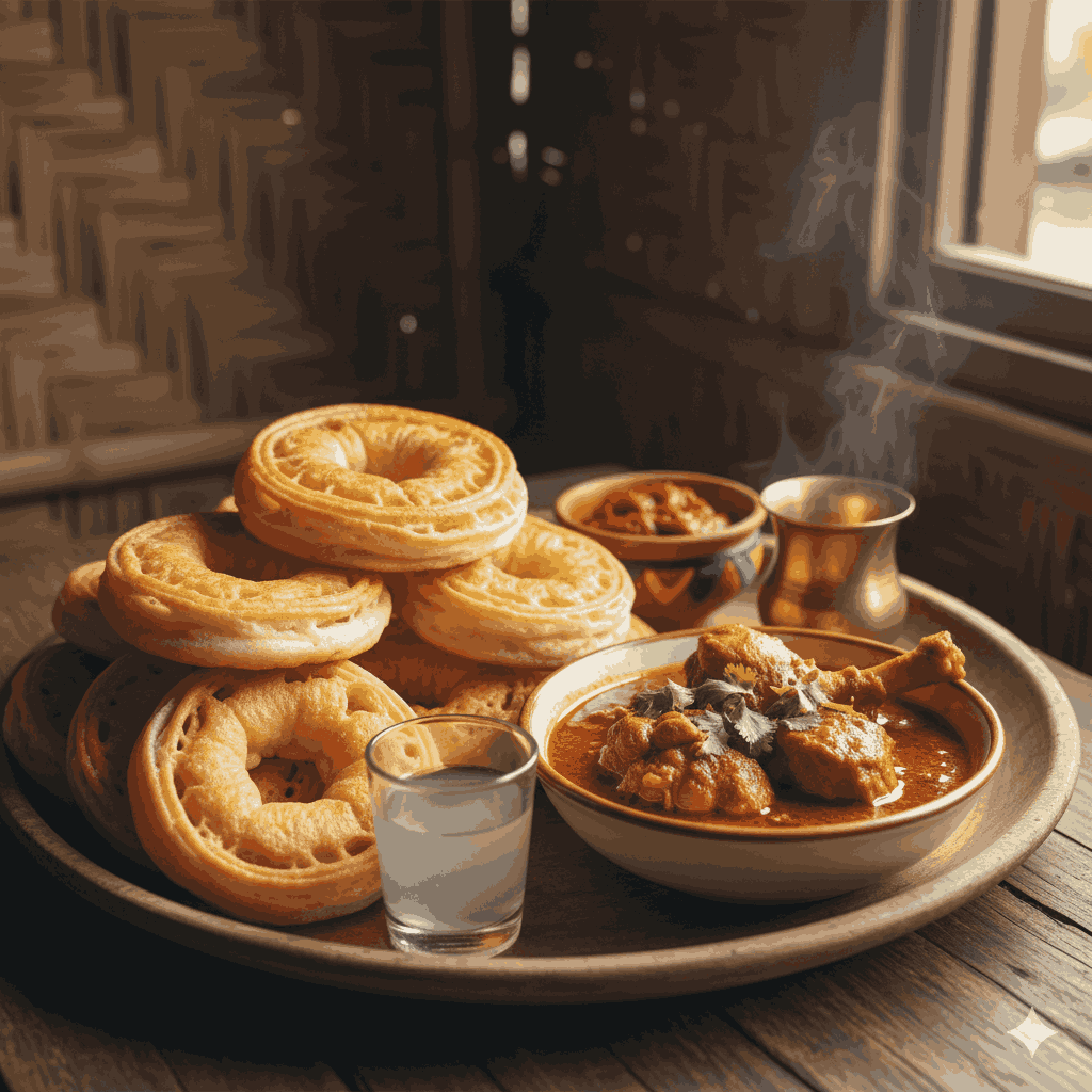 Tamu Losar Celebration,Gurung traditional foods including Sel Roti and local rice liquor.