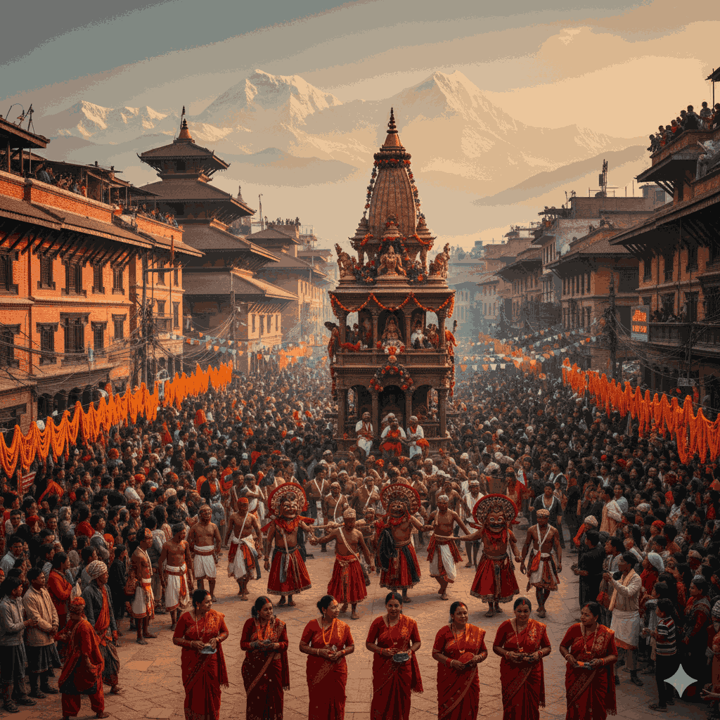 Vibrant scene of cultural festivals Nepal in 2026, showcasing colorful processions, traditional dances, and festive decorations, highlighting the rich heritage of cultural festivals Nepal.
