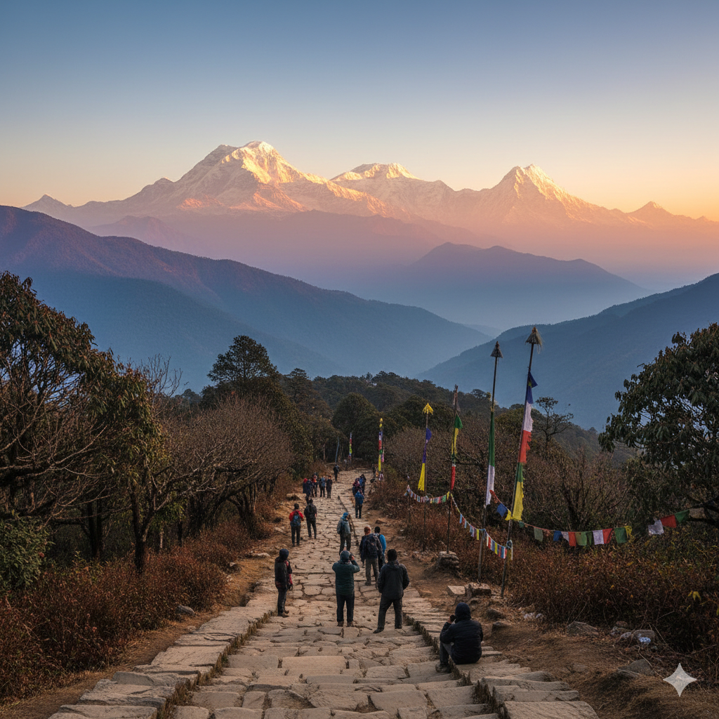 easy trek in Nepal routes like Ghorepani Poon Hill with sunrise mountain views