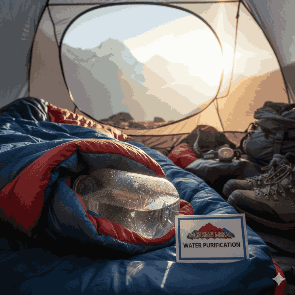 Water bottle stored inside a sleeping bag for water purification for trekking Nepal at high altitude
