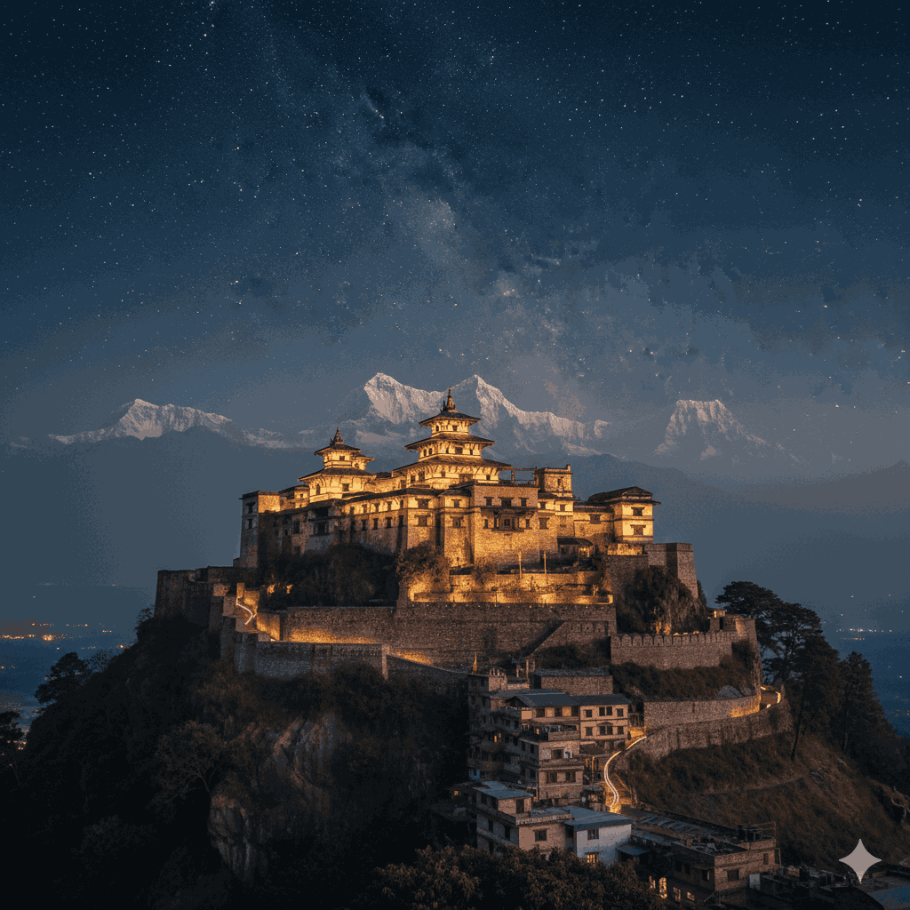 Night view of Gorkha Palace Nepal lit with traditional lamps