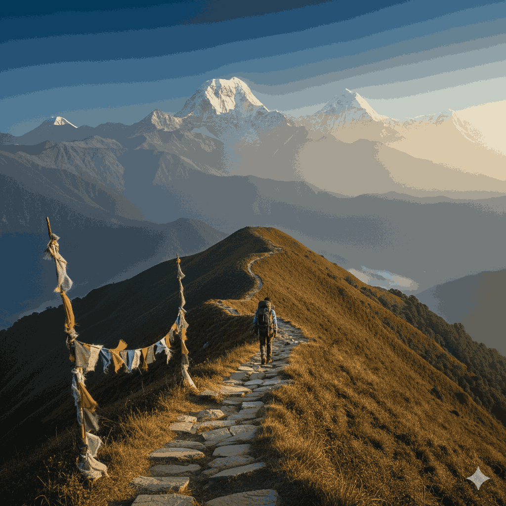 Solo trek in Nepal with a lone hiker walking through a Himalayan mountain trail surrounded by snow capped peaks