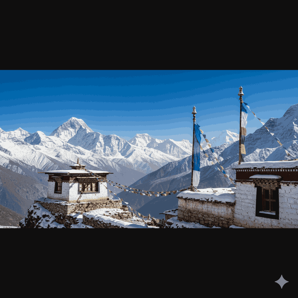 Weather in Nepal During Losar Festival, Mountain scenery with snowy peaks and clear skies in winter.