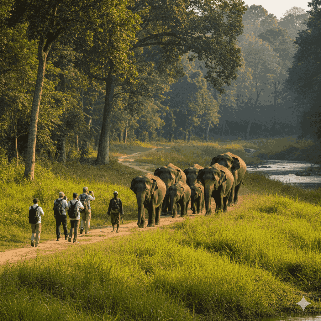 Walking alongside elephants in Nepal during an ethical elephant safari, emphasizing humane interaction and animal welfare.