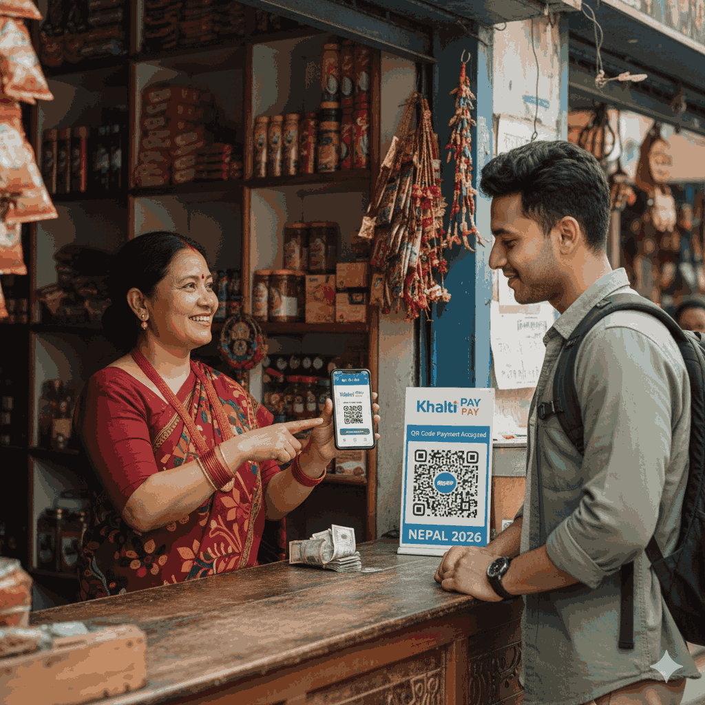 Can I use my credit card in Nepal? A shopkeeper in Nepal accepting digital payments via QR code, illustrating the rise of mobile wallet transactions in 2026
