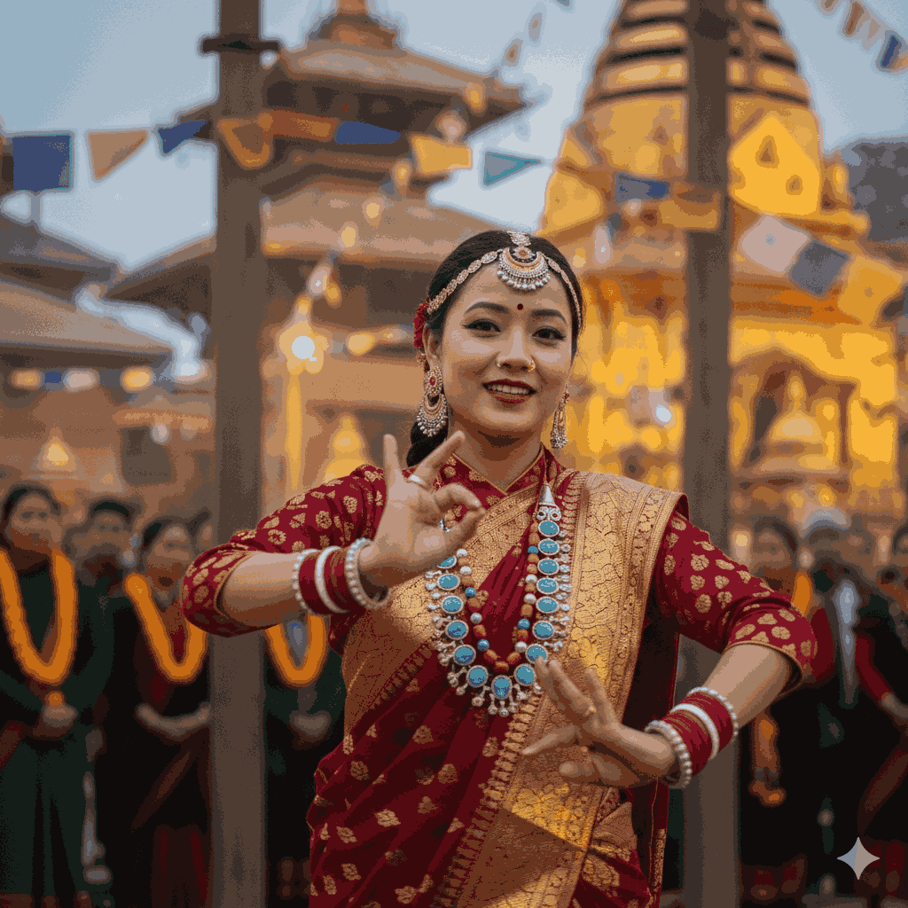 Nepali woman in traditional dress performing dance during a festival, symbolizing the vibrant and artistic spirit of Nepal Living Culture