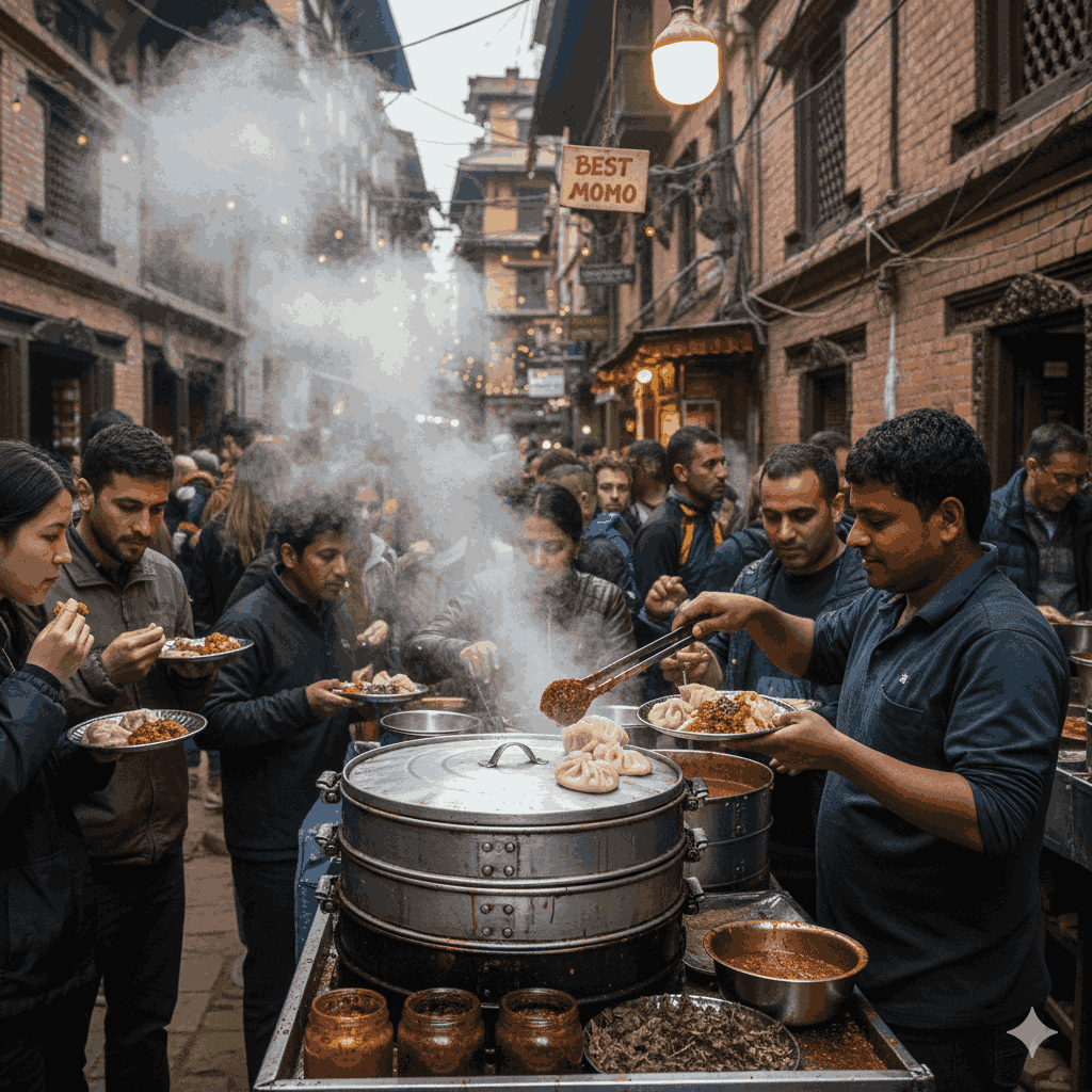 Vibrant scene of the best momo in Kathmandu for tourists being prepared at a bustling street stall in Kathmandu