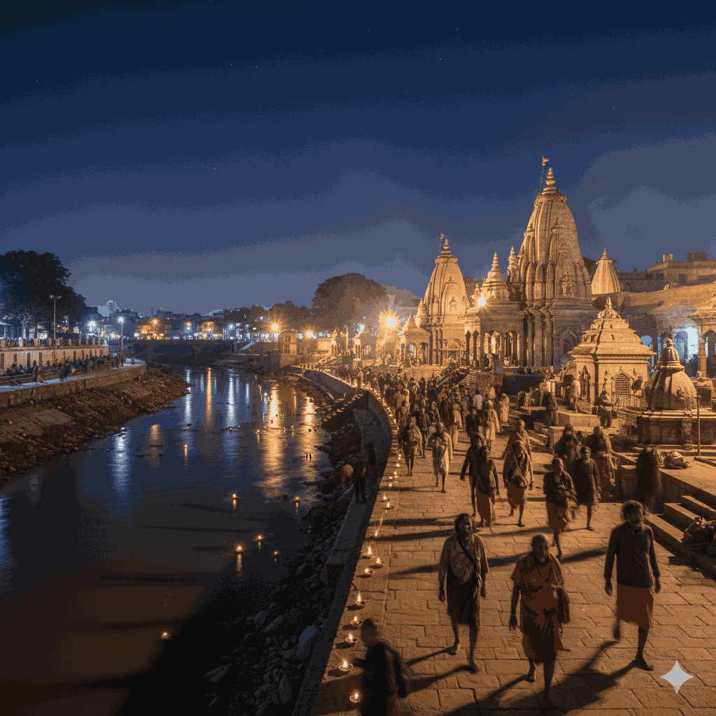 Night scene of Pashupatinath Temple with lamps during the evening Aarati, showing the spiritual serenity in Kathmandu:Pashupatinath Temple evening Aarati time