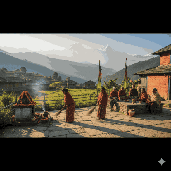 Authentic traditional lifestyle Nepal at dawn with villagers performing rituals and community bonding in a rural setting.