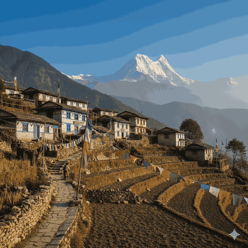 Traditional Gurung village on Annapurna Base Camp trek route, stone houses, prayer flags, terraced fields, Machhapuchhre peak rising in background, warm morning light, peaceful Himalayan culture, authentic trekking lifestyle photography