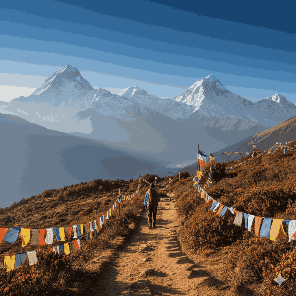 spiritual trek in nepal showing a lone trekker walking a Himalayan trail toward snow-capped mountains