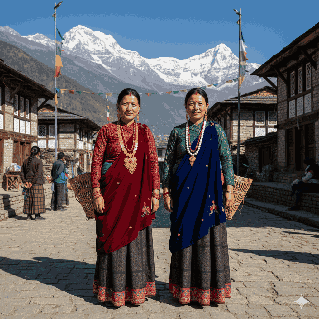 Tamu Losar Celebration in Nepal, Gurung women in traditional dress with jewelry during Losar.