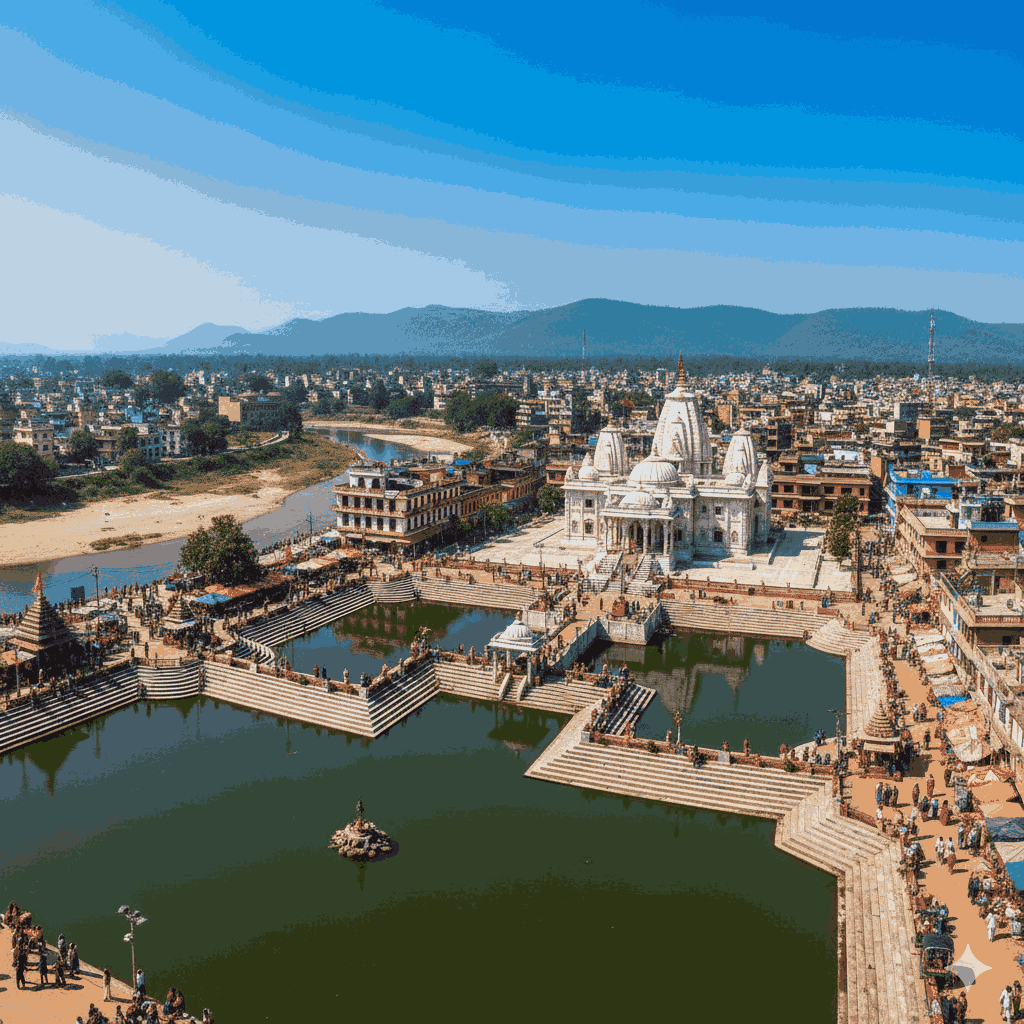 Panoramic view of Janakpur heritage city with white marble temples, sacred ponds, and Mithila architecture, showcasing its spiritual and cultural richness