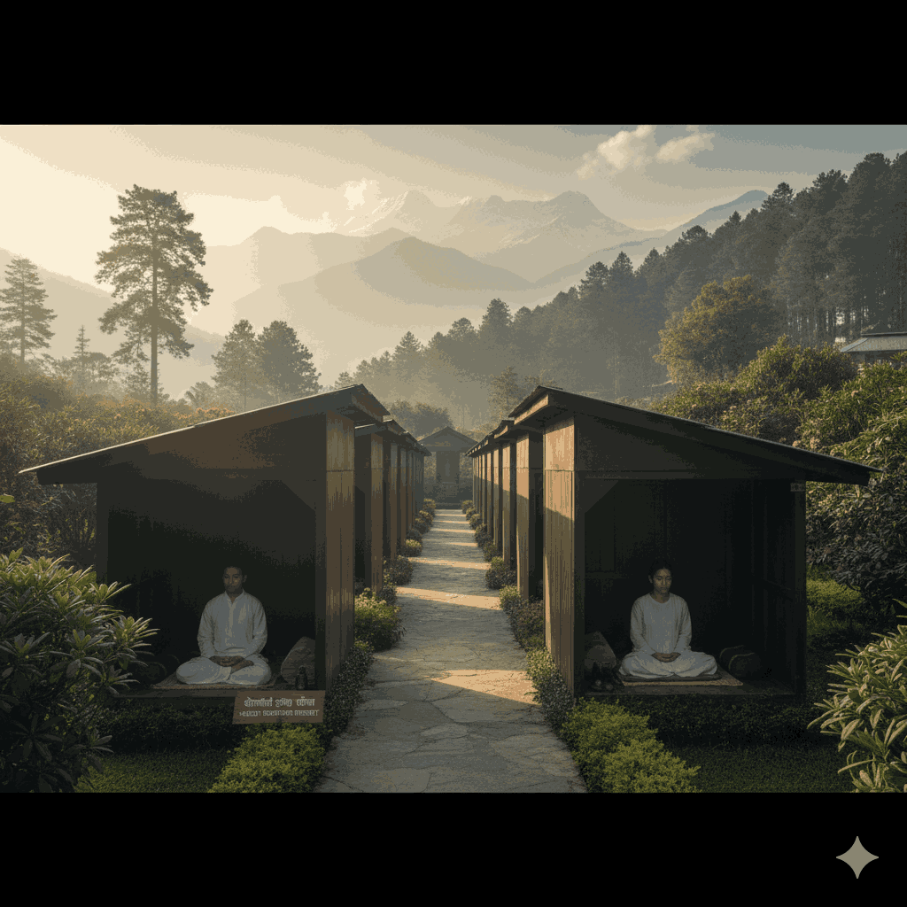 "Students practicing silent meditation at Vipassana meditation centers Nepal, Dhamma Shringa.