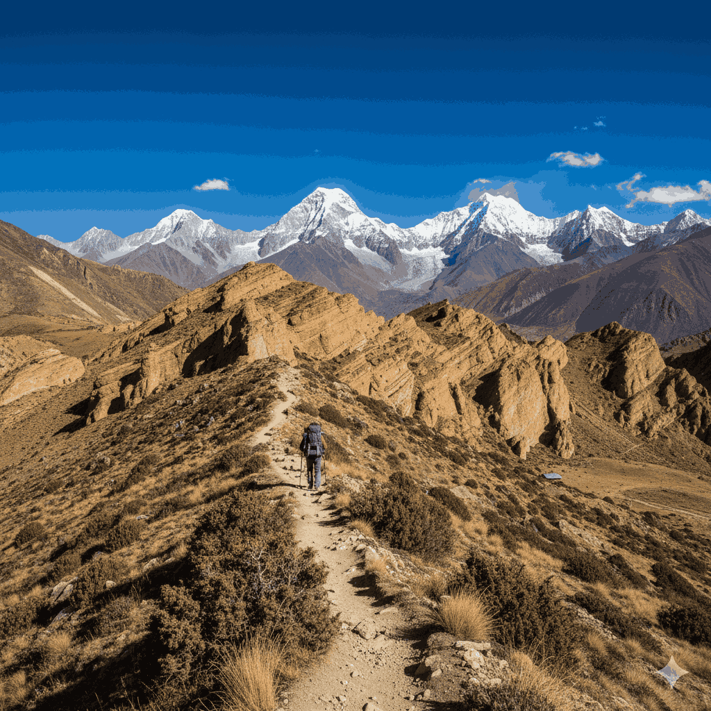 Lower Dolpo Trek: A trail through the arid, rain-shadow landscape of Dolpo with ochre cliffs and distant snow peaks, showcasing Nepal’s unique ecological zones.