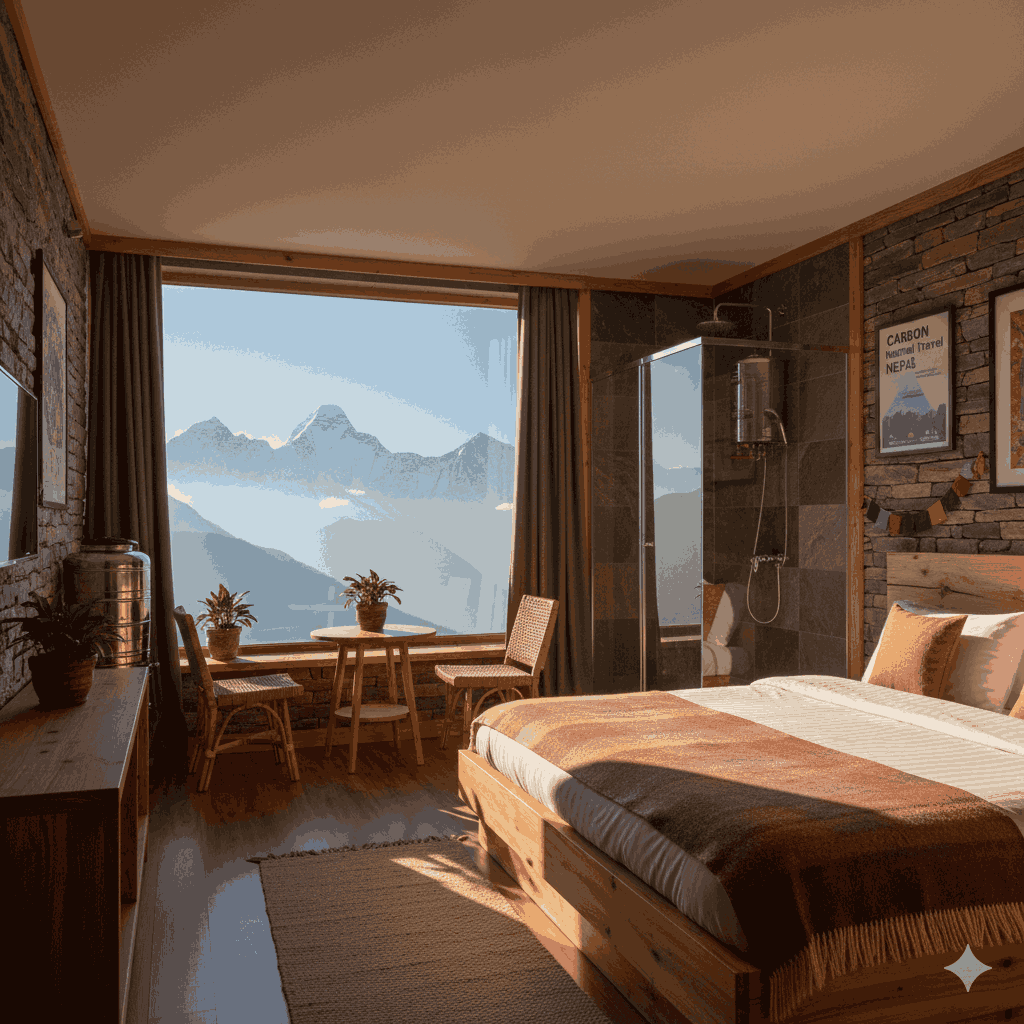 A solar-powered eco-lodge in Nepal supporting carbon neutral travel, featuring sustainable energy systems and mountain views.