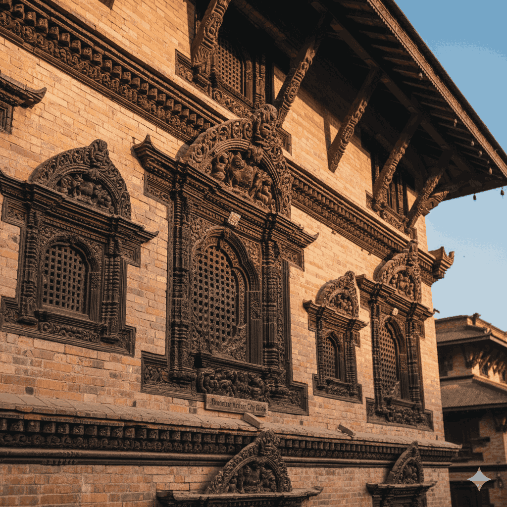 Detail of the 55-Window Palace in Bhaktapur, a highlight of the Bhaktapur ancient city guide showing traditional Nepalese architecture