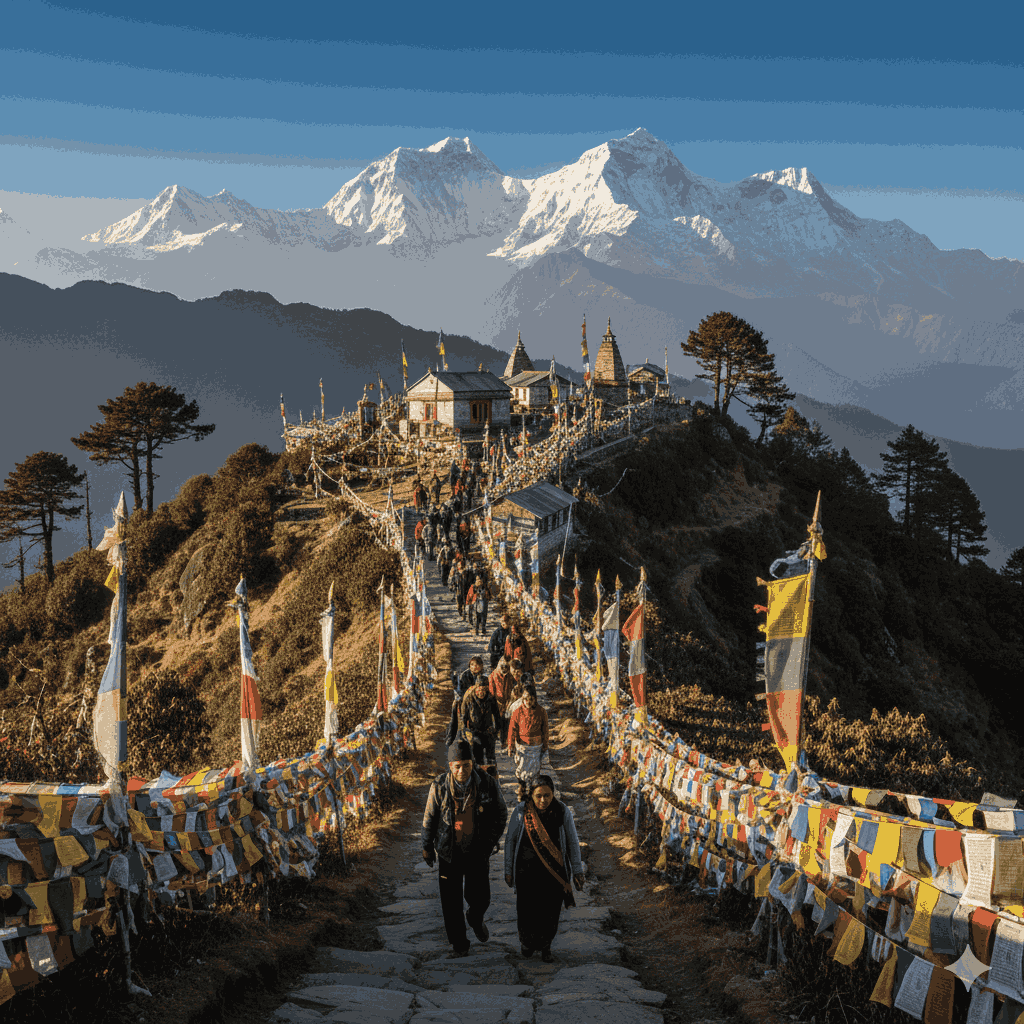 Pilgrims trekking to Pathibhara Devi Temple, one of the sacred eastern Nepal tourist places.