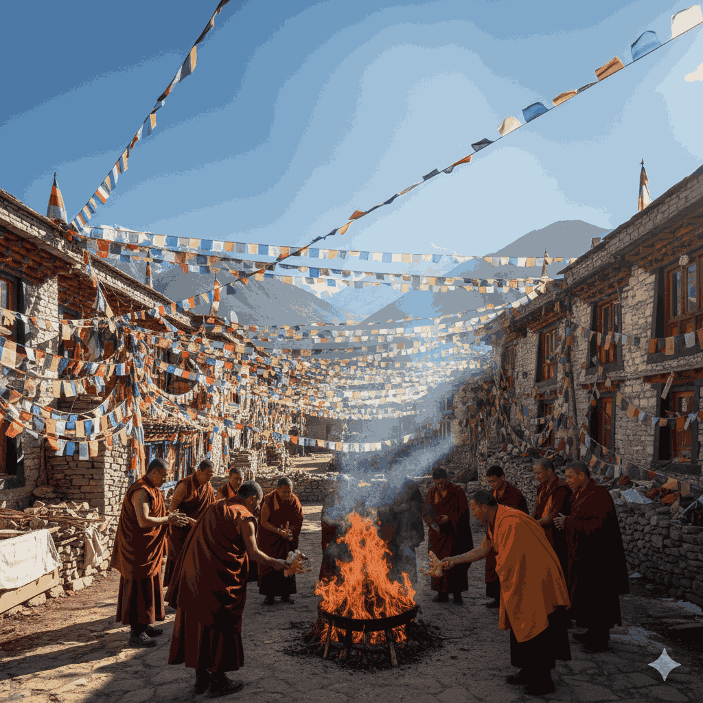 Weather in Nepal During Losar Festival, Monks performing rituals with burning effigies under clear skies.