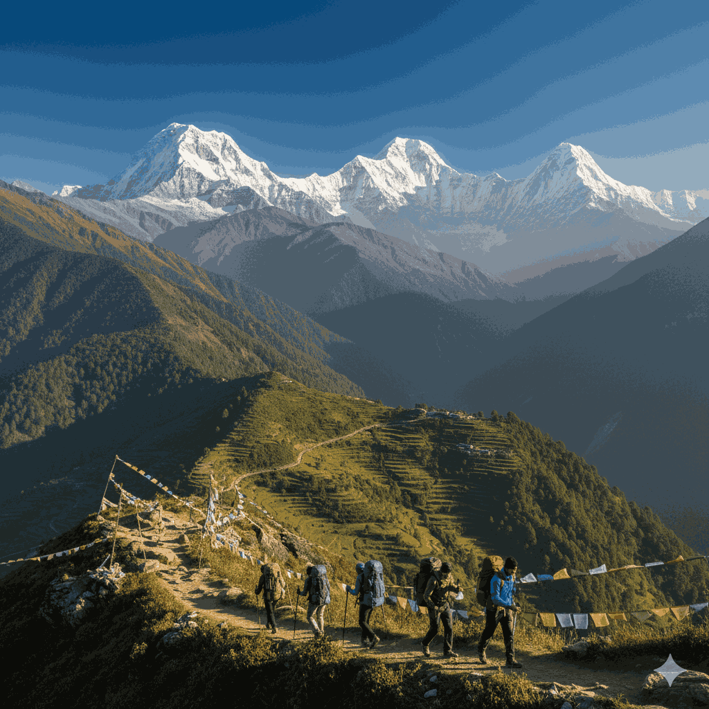 Annapurna Circuit Trek in Nepal showcasing diverse landscapes from green valleys to high Himalayan passes