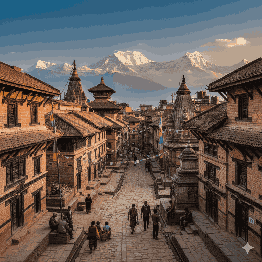 Medieval nepal towns with historic brick architecture and mountain backdrop.