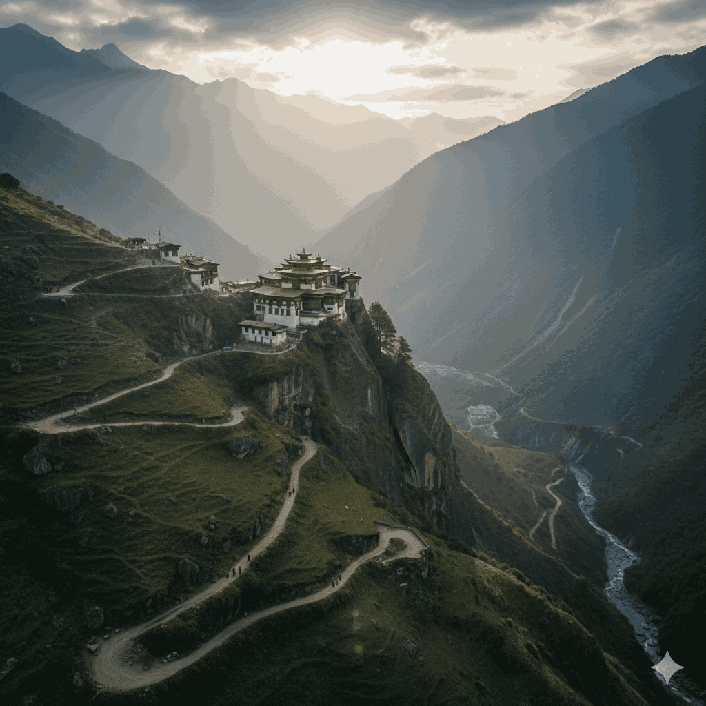 Nepal cinematic travel drone shot revealing a monastery in a mountain valley, showcasing cinematic drone techniques in Nepal