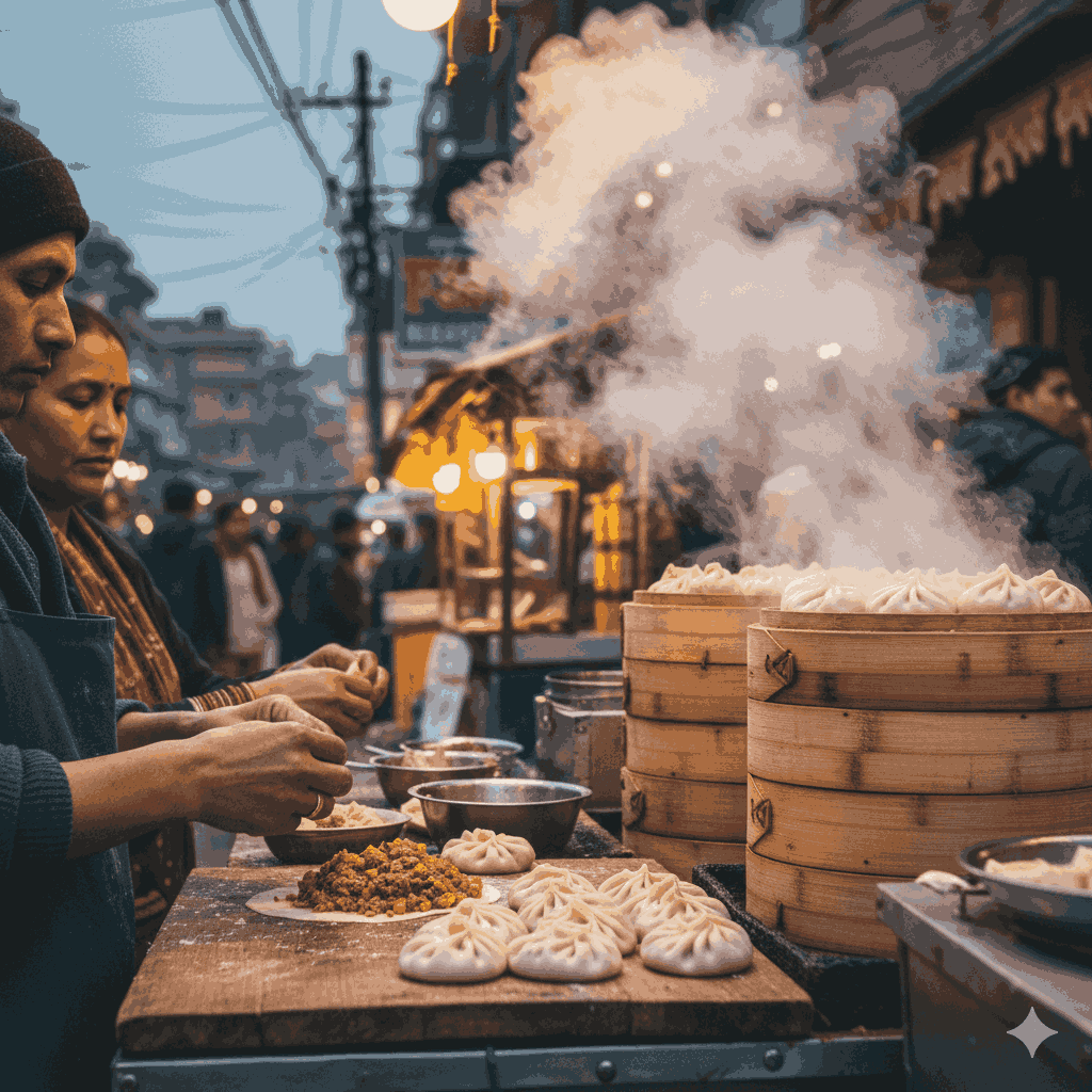 Nepali vendors preparing Momos in a busy street market.