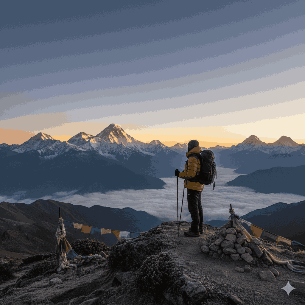 Pikey Peak view: A wide-angle landscape photo capturing the Himalayan peaks, including Everest and Kanchenjunga, from Pikey Peak’s summit, ideal for photography in 2026.