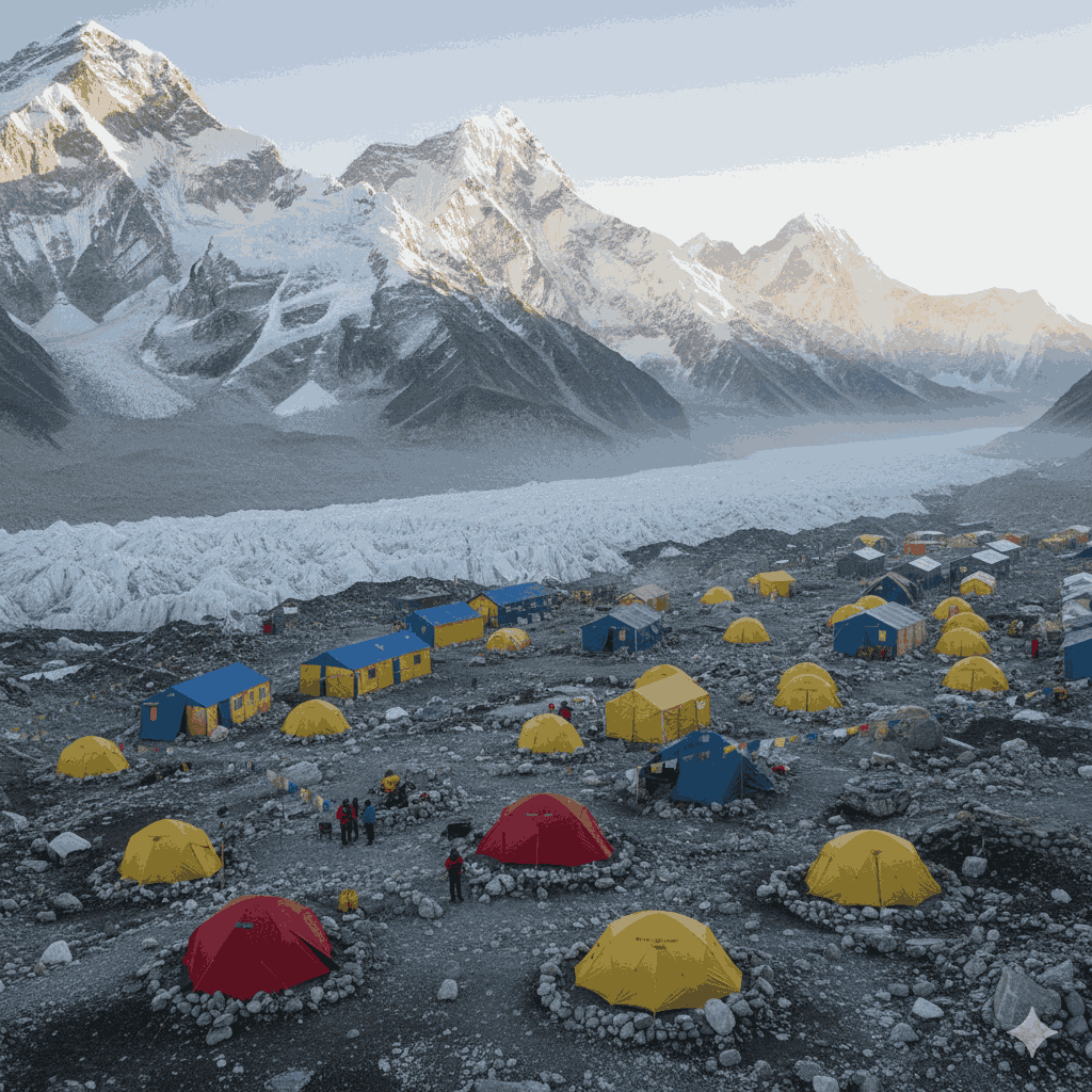 Everest trek in Nepal reaching Everest Base Camp on the Khumbu Glacier