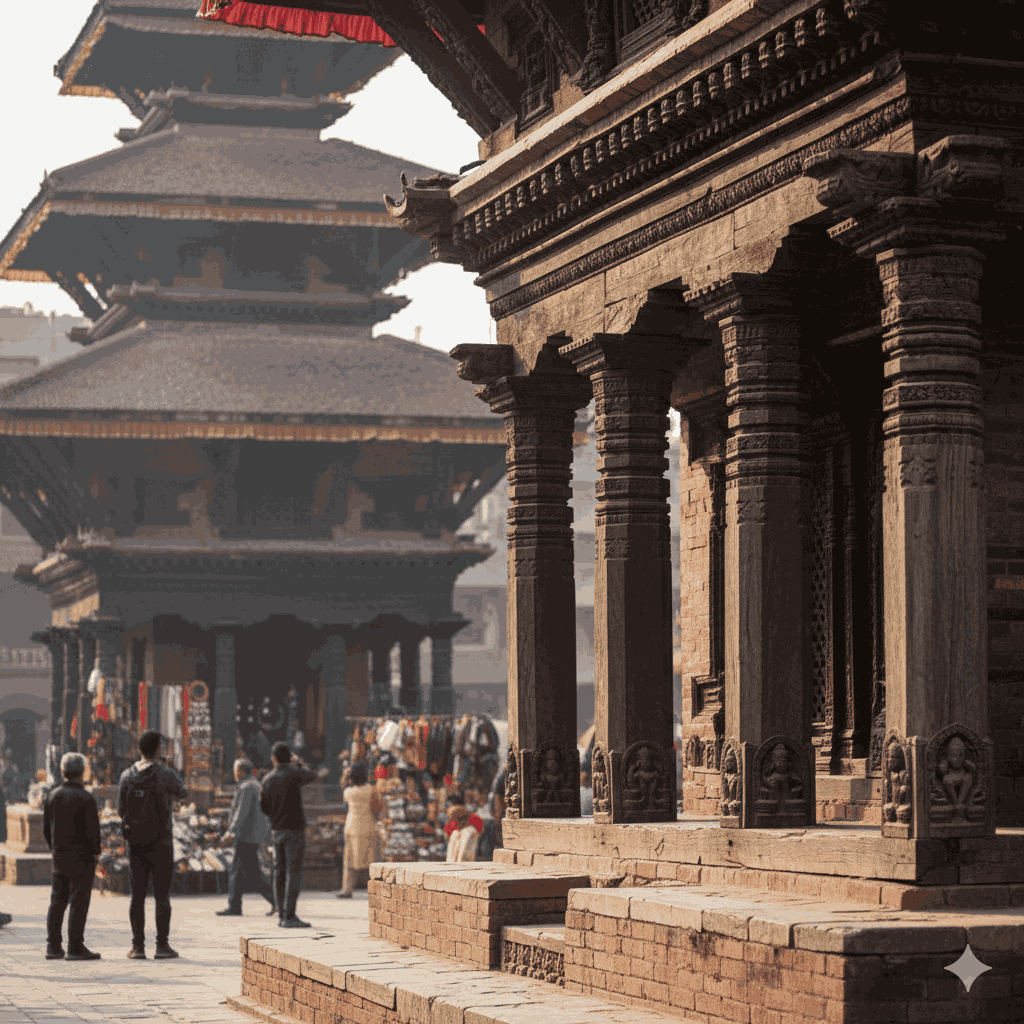 Kathmandu Durbar Square, a UNESCO World Heritage site Nepal, with intricate wood carvings and traditional architecture. 