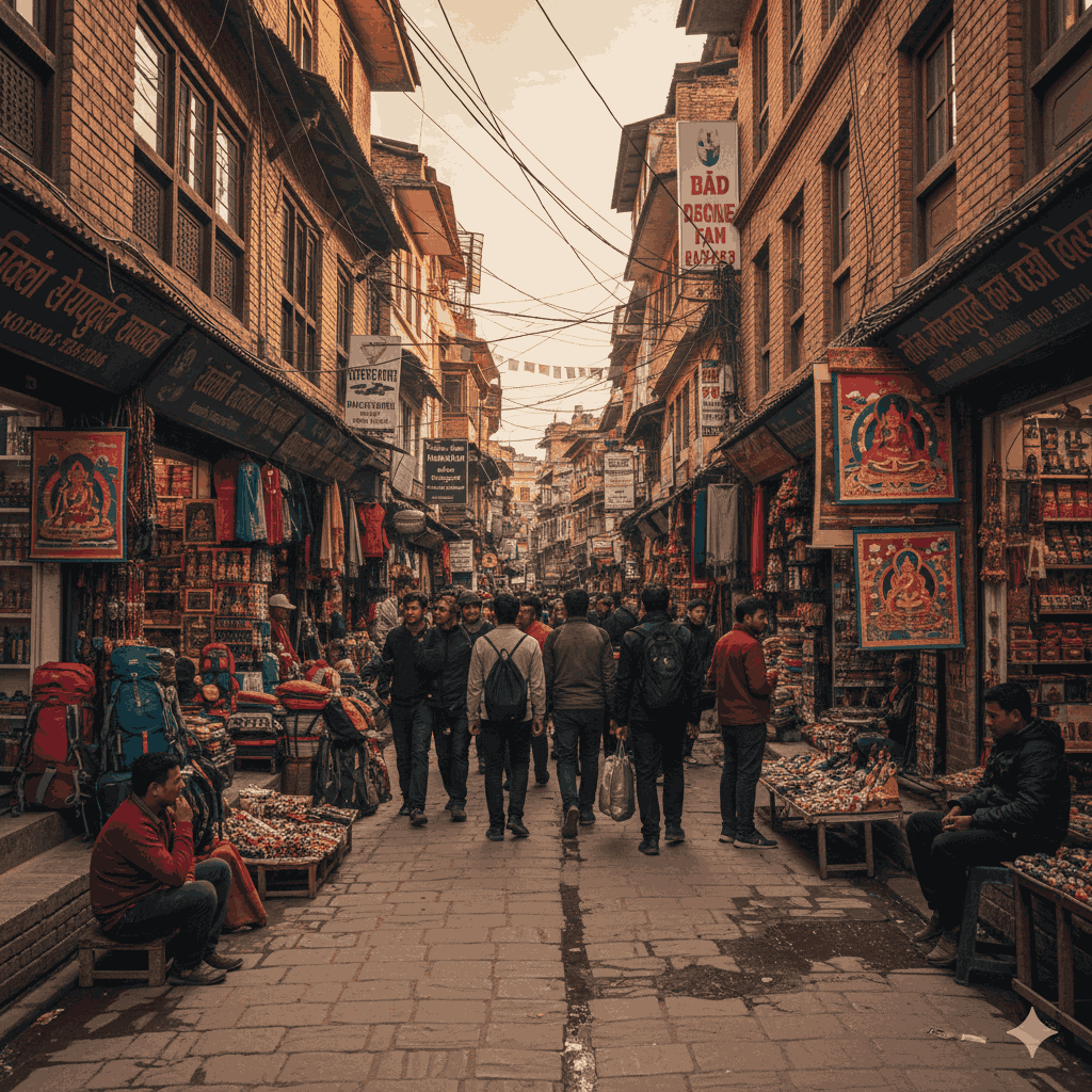 Thamel in Nepal, a popular local market in Nepal known for its souvenirs, trekking gear, and vibrant street life.