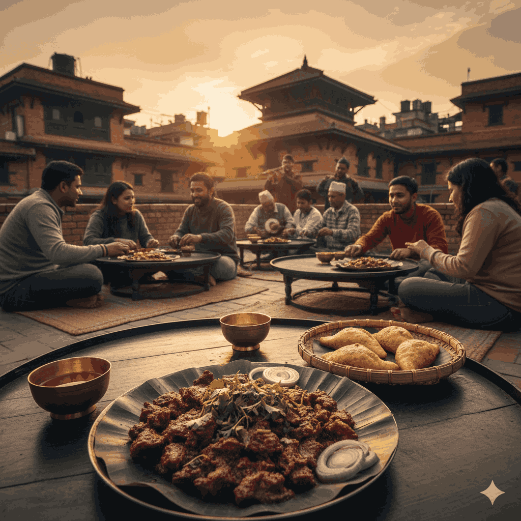 Traditional Newari meal at a Kirtipur rooftop cafe
