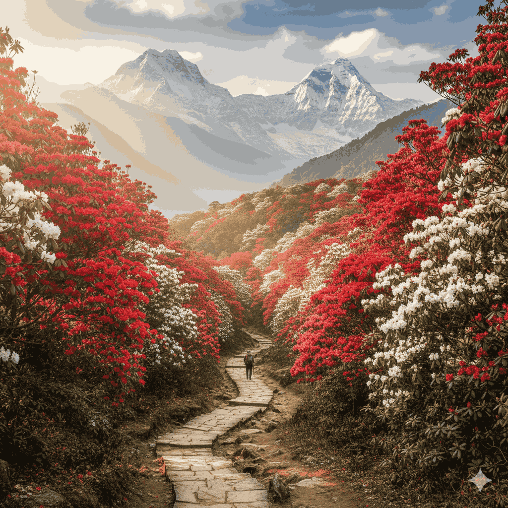Rhododendron forest on the Annapurna Base Camp trek in Nepal during spring season