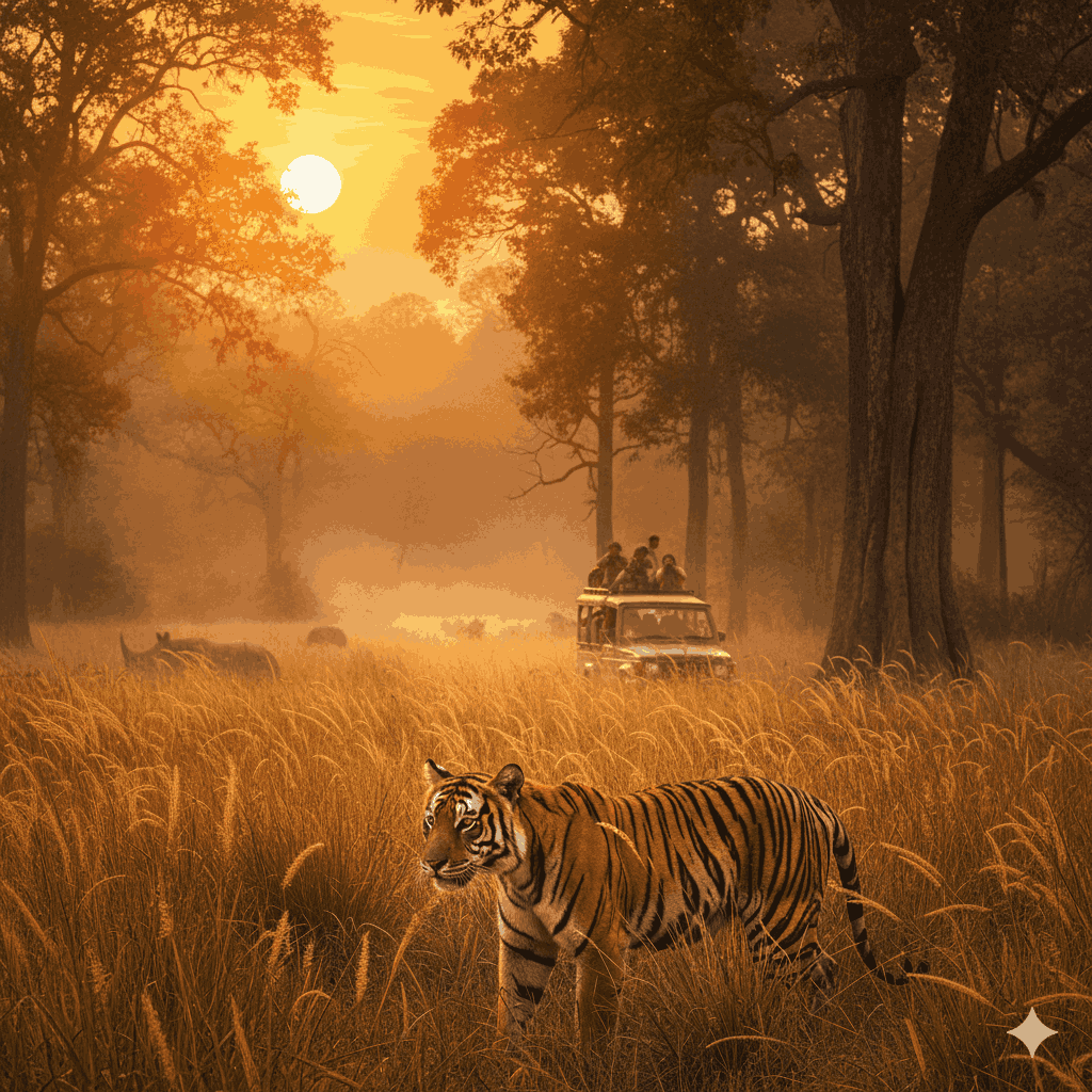 Spectacular wildlife safari in Nepal with a tiger in its natural habitat, showcasing the untamed beauty of Nepal’s jungles