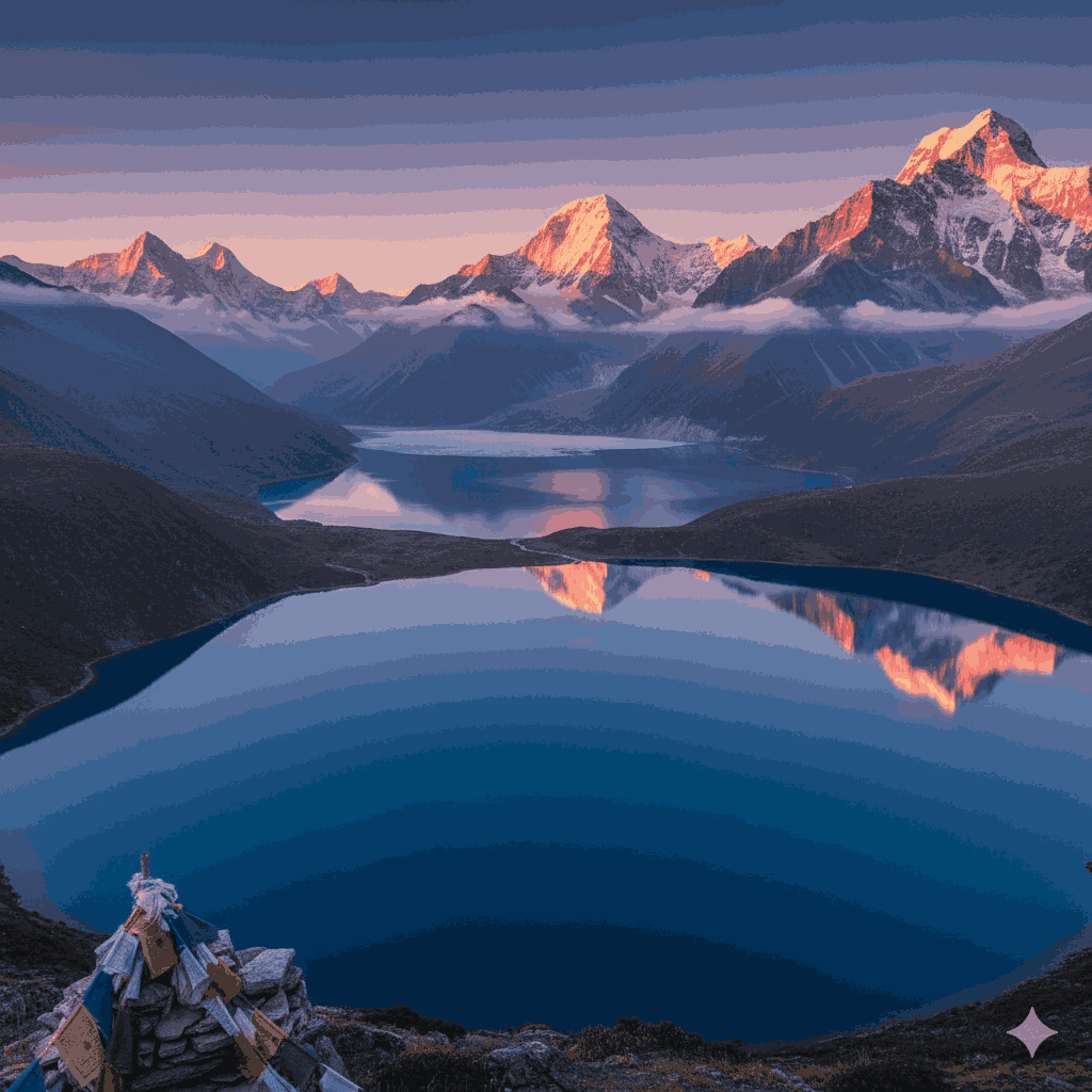 Beautiful sunrise over the lakes in Nepal, showcasing the majestic Himalayan scenery and the tranquility of Nepalese lakes.