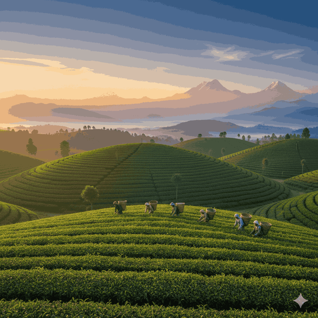 Sunrise over tea gardens in Ilam, illustrating the peaceful charm of eastern Nepal tourist places.