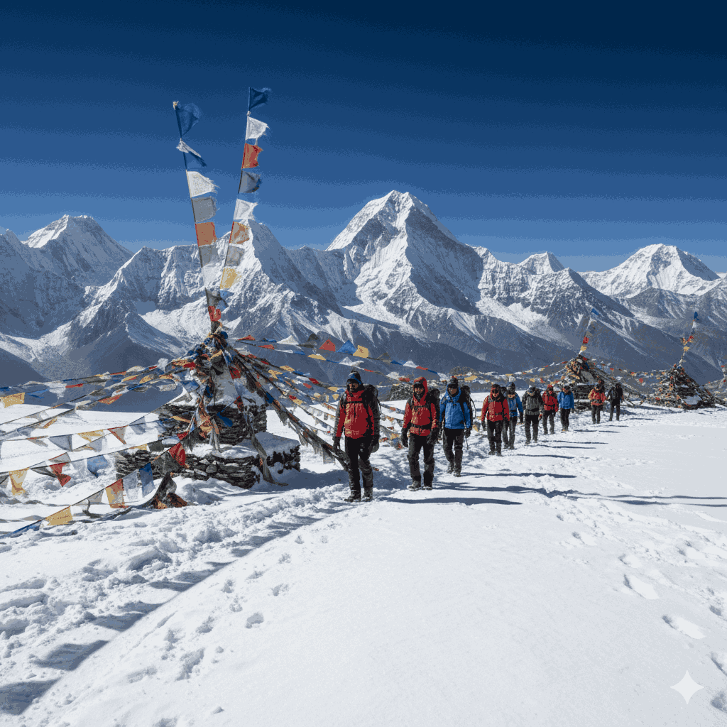 Annapurna Circuit Trek in Nepal crossing Thorong La Pass at high altitude with prayer flags