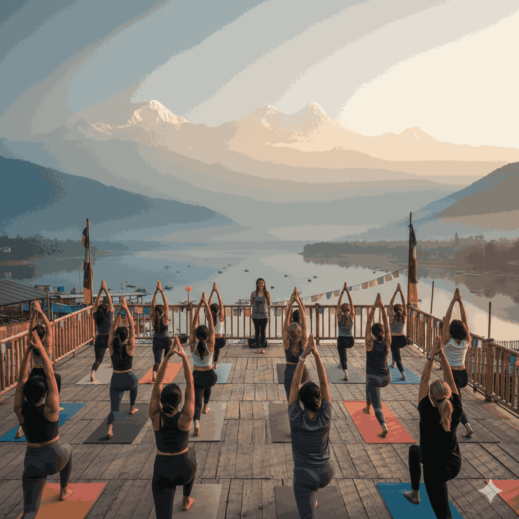 Yoga teacher training Nepal in Pokhara with mountain views and lakeside serenity.