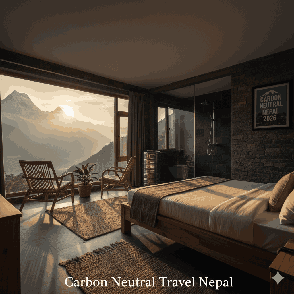 Interior of a solar-powered eco-lodge in Nepal with mountain views and eco-friendly features.