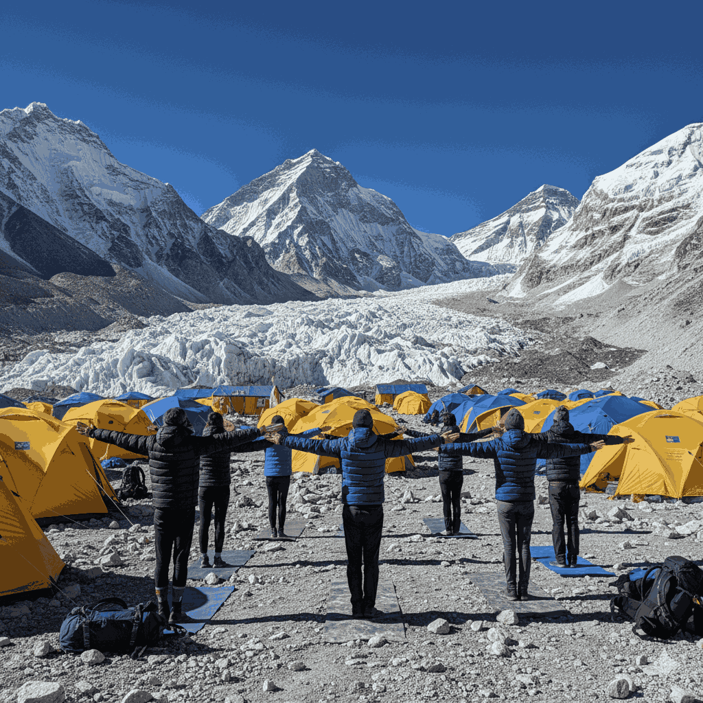 everest yoga trek in nepal at Everest Base Camp with high altitude yoga