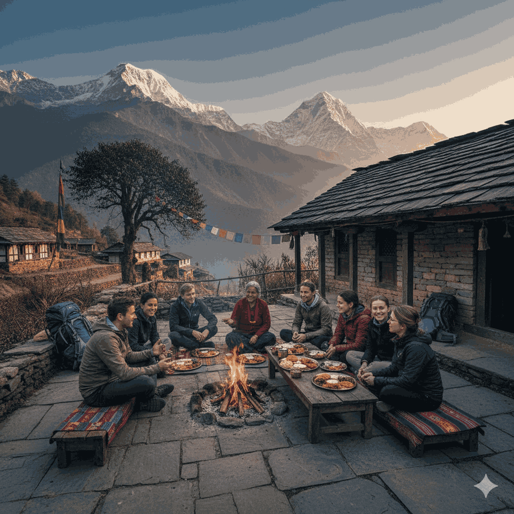 Charming traditional Nepali home representing top rated homestays in Nepal with guests enjoying local cuisine