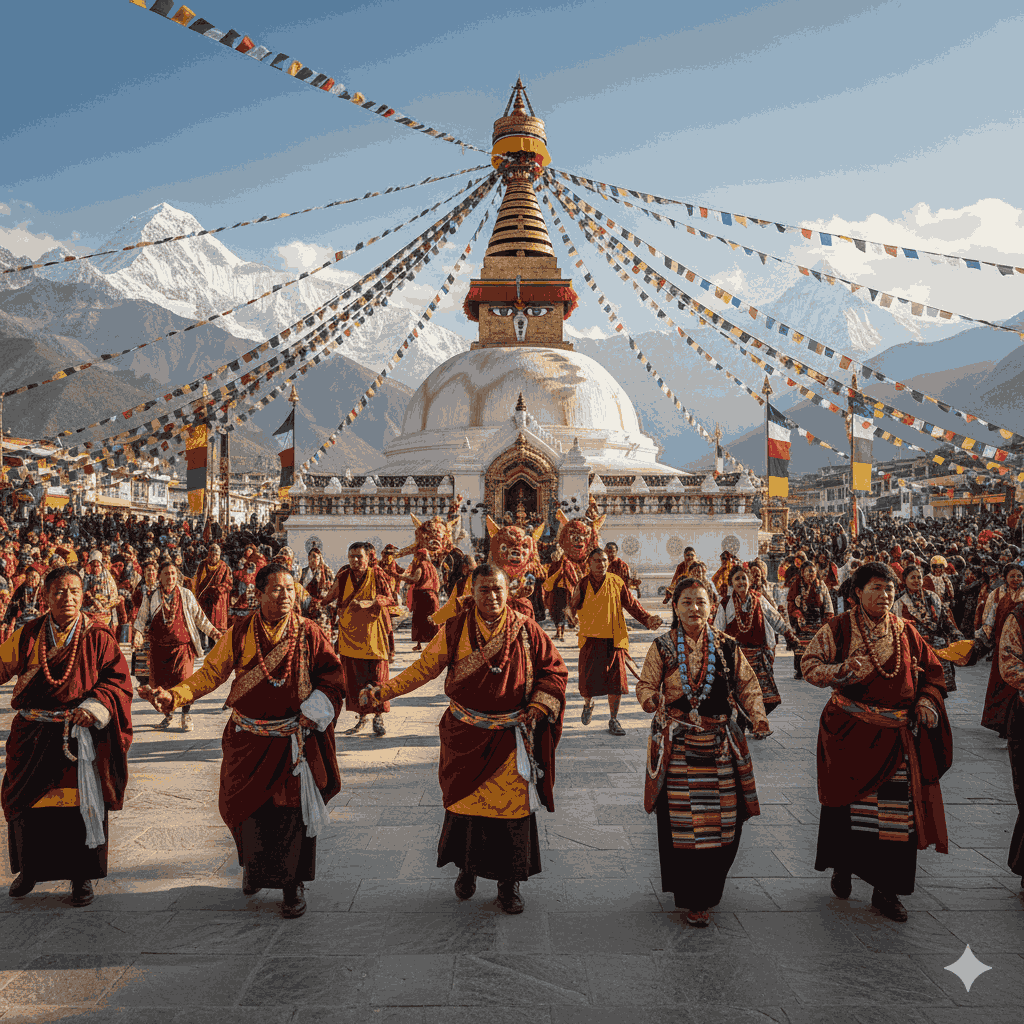 Gyalpo Losar,Tibetan communities celebrating the New Year with traditional dance and colorful attire against Himalayan mountain scenery.