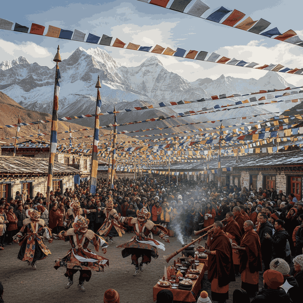 Featured Image for What Is Losar? Complete Guide to Tibetan New Year Celebrations in Nepal, showcasing vibrant Losar celebrations with prayer flags and traditional dancers.