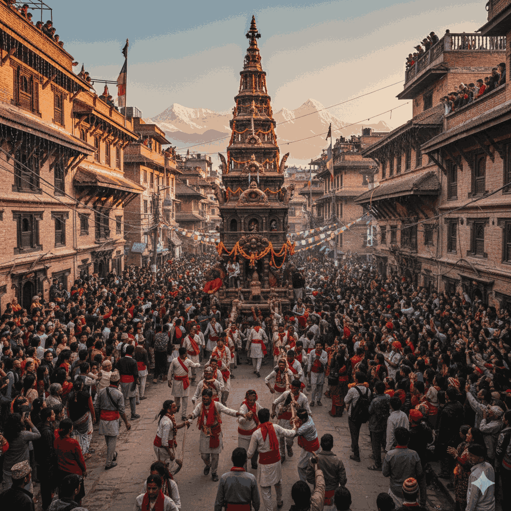 Colorful jatras in Nepal, showcasing chariots and traditional processions, embodying community and faith.