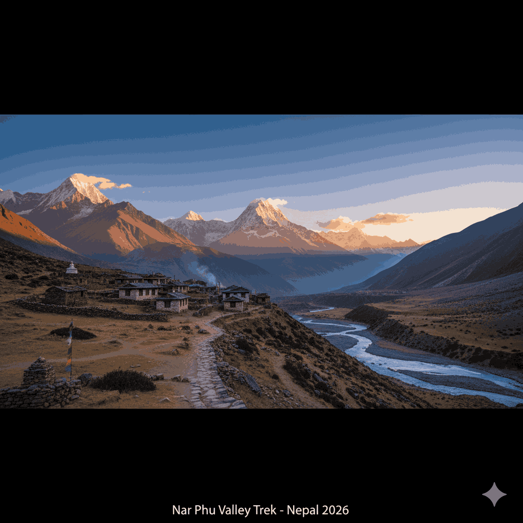Spectacular panoramic view of the Nar Phu Valley trek with rugged mountains and traditional villages in Nepal
