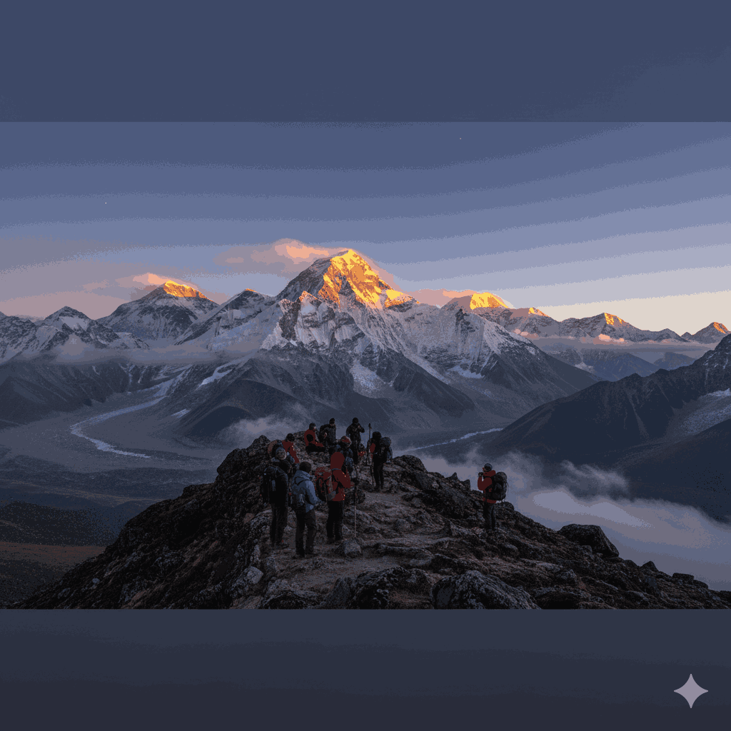 Sunrise viewpoint in Nepal at Kala Patthar, with Everest illuminated in dawn's light, offering a dramatic view of the world's highest peak.